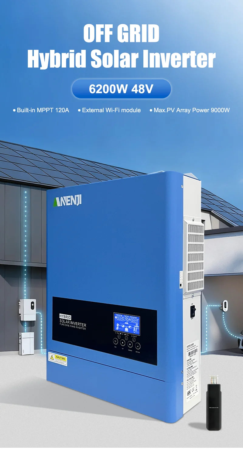 6.2KW Hybrid Solar Inverter 230V 48V Pure Sine Off Grid On Grid Inversor 120A MPPT Solar Charge Controller for PV Solar Panels
