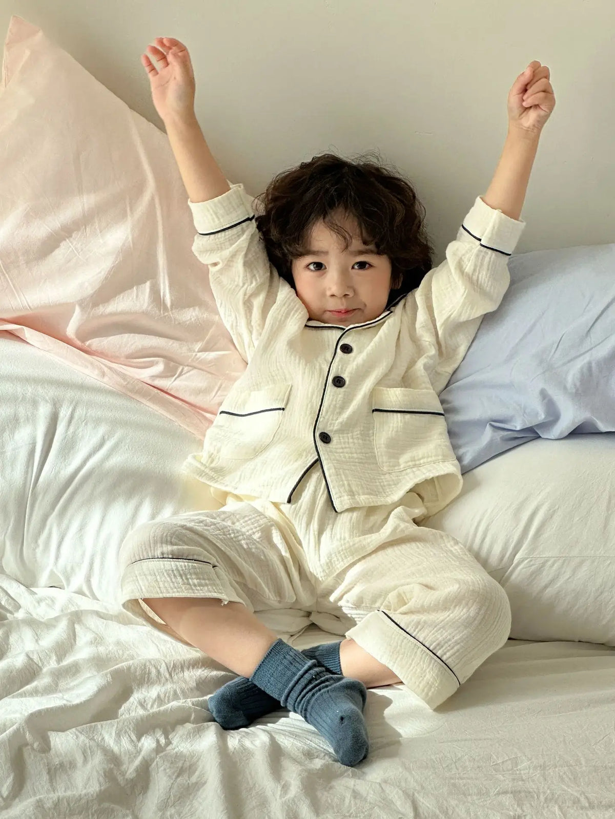 2026 New Children's Cotton Pajamas Set Soft Loose Boys Girls Clothing Turn-down Collar Button Shirt Trousers 2 Pcs Suit Pijamas