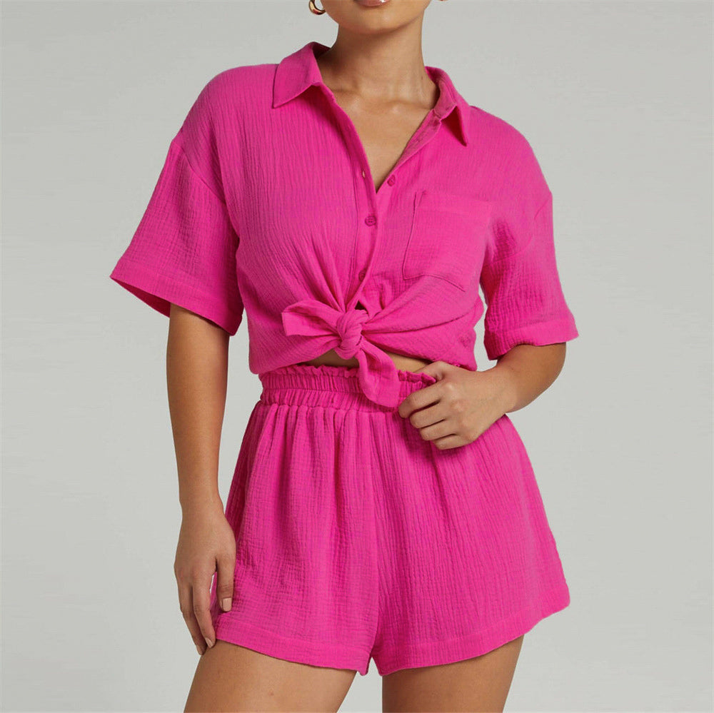 Summer Two Piece Set Women Shorts Suit Green Lapel Long Sleeve Shirts Sets Female Elegant Casual High Waist Pants Lady Outfits