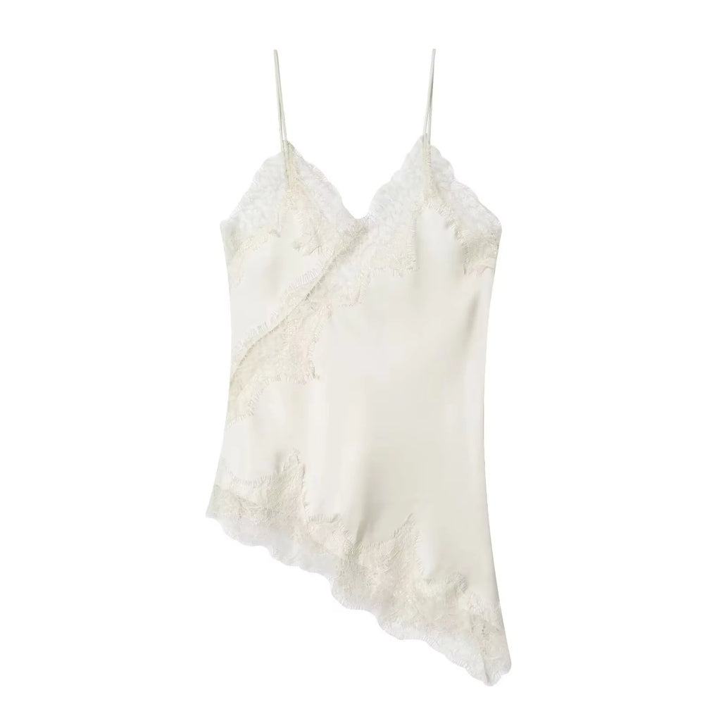 HH Women Fashion Lace Stitching Camisole Asymmetric Hem Sexy Backless Tank Top Summer Trend Lady Club Party Evening Chic Tops