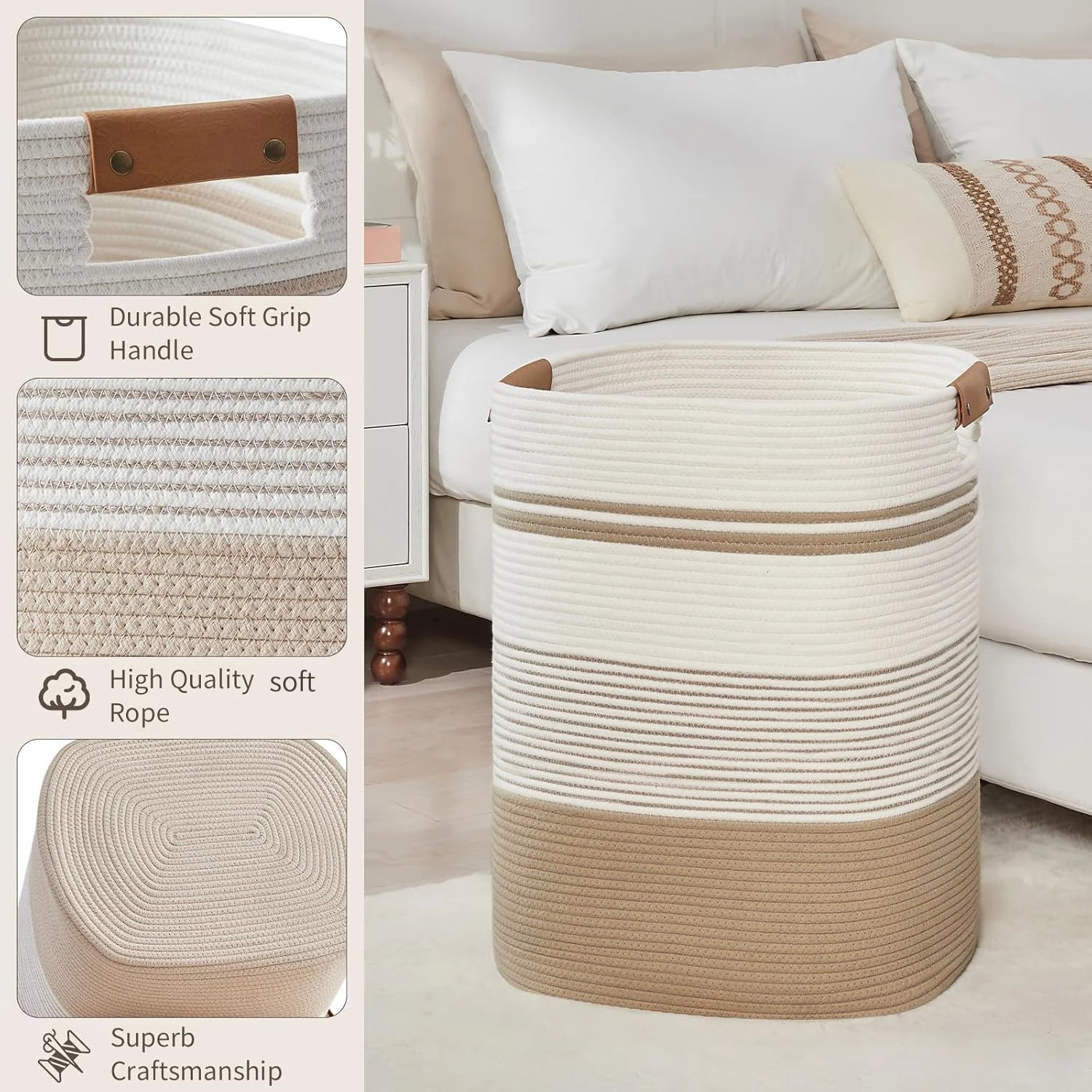Laundry Basket, Blanket Basket for Bedroom Aesthetic, Laundry Hamper & Blanket Storage for Living Room, Woven Storage Basket