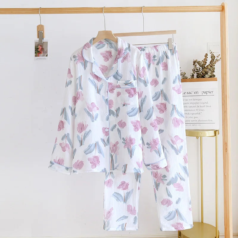 2026 Spring and Autumn Women's Pajama Set 100% Cotton Crepe Long sleeved Pants Two piece Cute and Sweet Home Fury Set Ladies