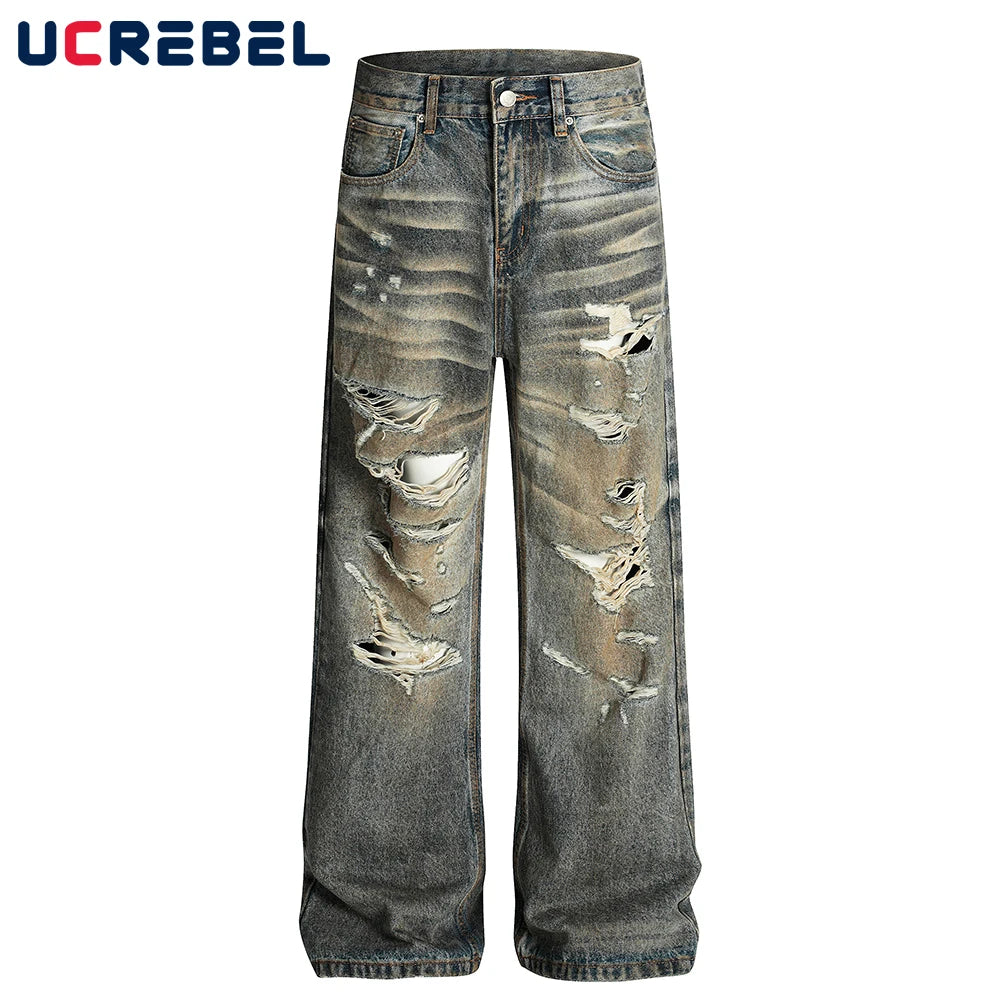 Ripped Straight Jeans Mens Retro High Street Washed Distressed Baggy Wide Leg Trousers Men