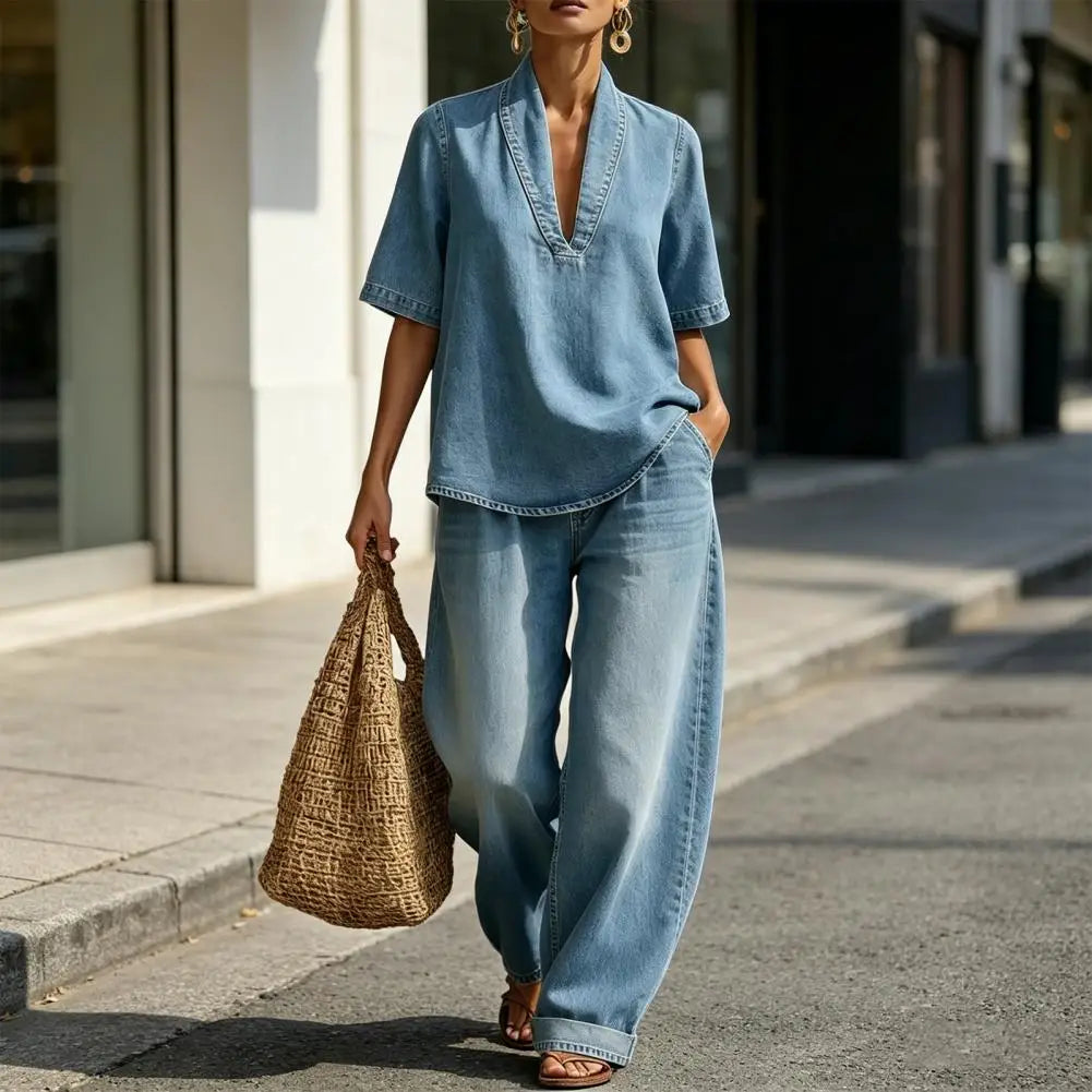 Women's Summer Denim 2 Piece Set Short Sleeve Lapel V Neck Top Wide Leg Pants Casual Vacation Tracksuit Outfits