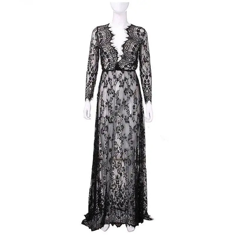 Fashionable Sexy Deep Collar Long Sleeve Lace See-through Bodycon Gown Trendy Women's Dress Elegant Draped Skirt Maxi Dress