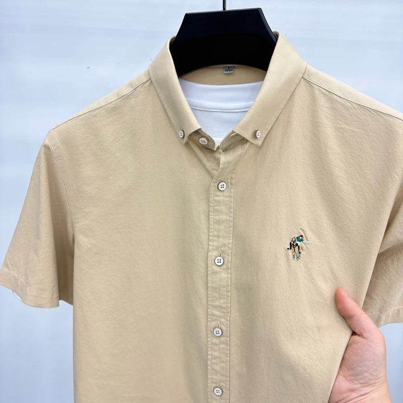 Short Sleeved Shirt Men's Summer New Item Pure Cotton High-end Brand Little Horse Logo Embroidered Casual Shirt