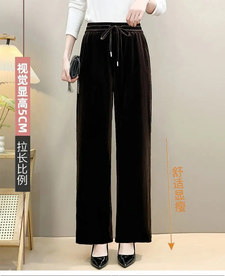 Women Drawstring High Waist Velvet Wide Leg Long Pants