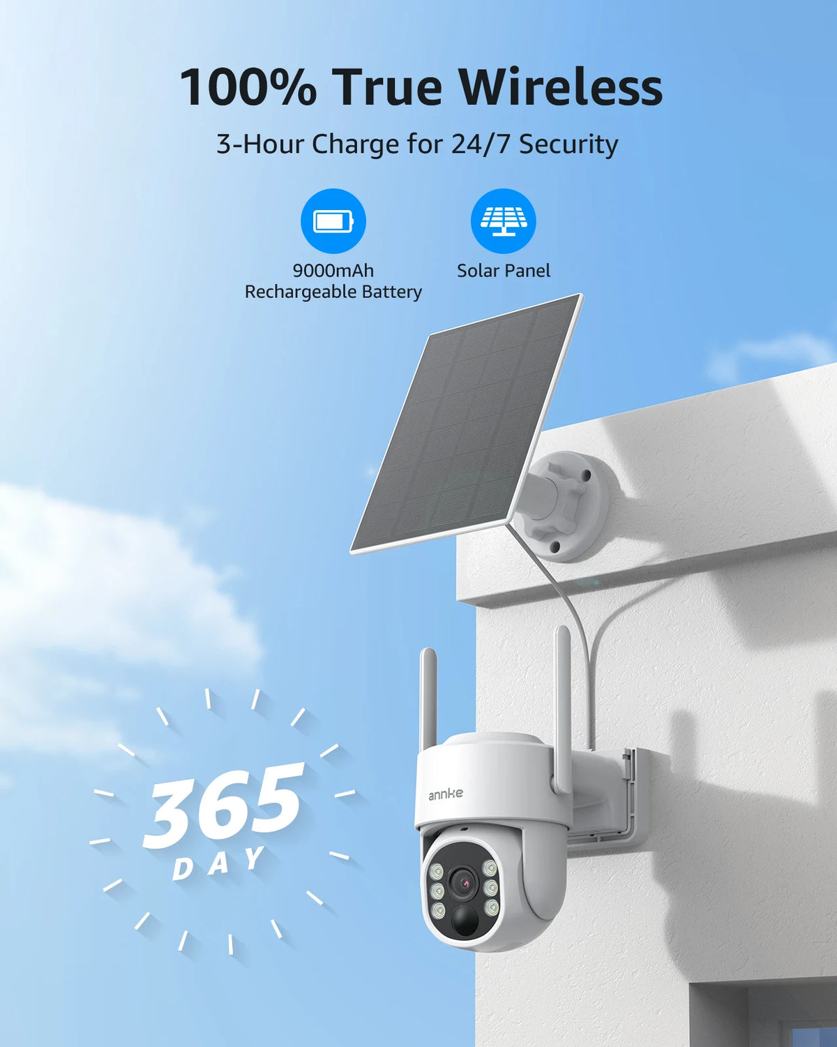ANNKE 4MP Solar Wireless Security Camera Outdoor WiFi 6 Camera PIR Human Detection Full-Color Night Vision Pan/Tilt 270° Two-Way Talk IP65 Waterproof