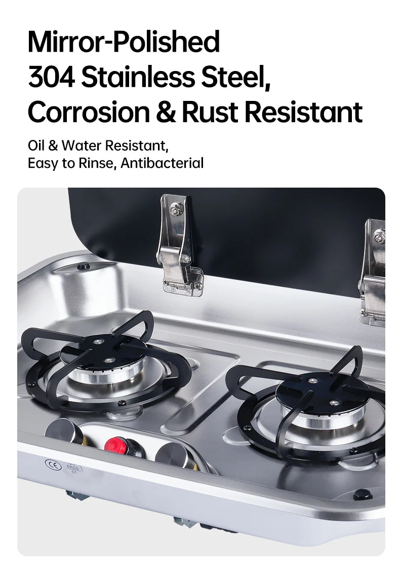 2 Burner Built-in RV Gas Stove Stainless Steel Camper Cooktop for Caravan Trailer Motorhome Van Kitchen