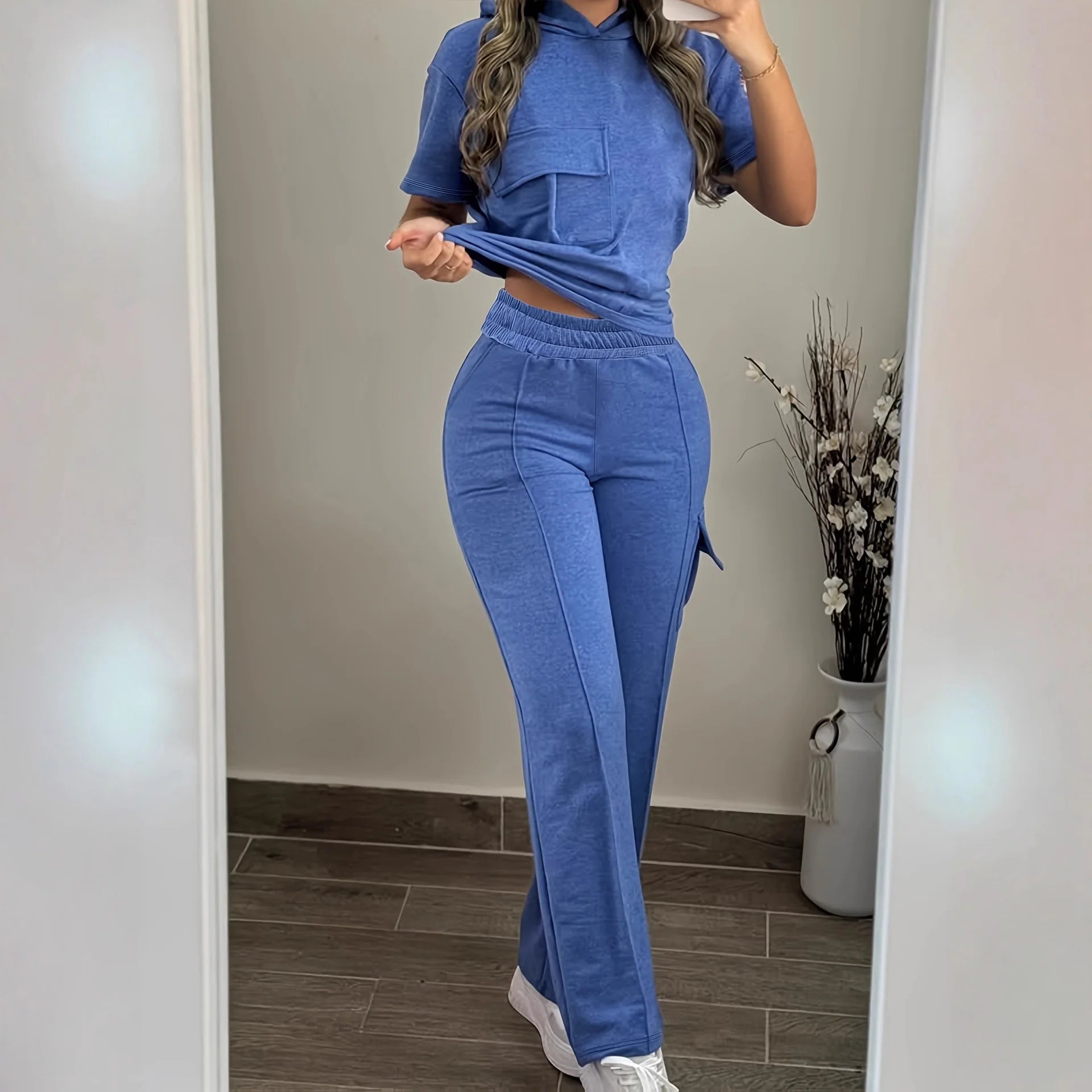 2026 Autumn and Winter Women's Casual Solid Color Hooded T-shirt with Straight Leg Pants Two-piece Set