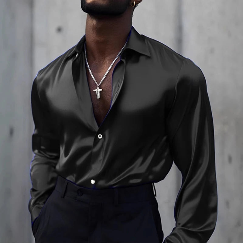 2025 Spring Fashionable Mens Silk Shirt Stylish Solid Color Long Sleeve Button-up Shirts Men New Casual Turn-down Collar Shirt