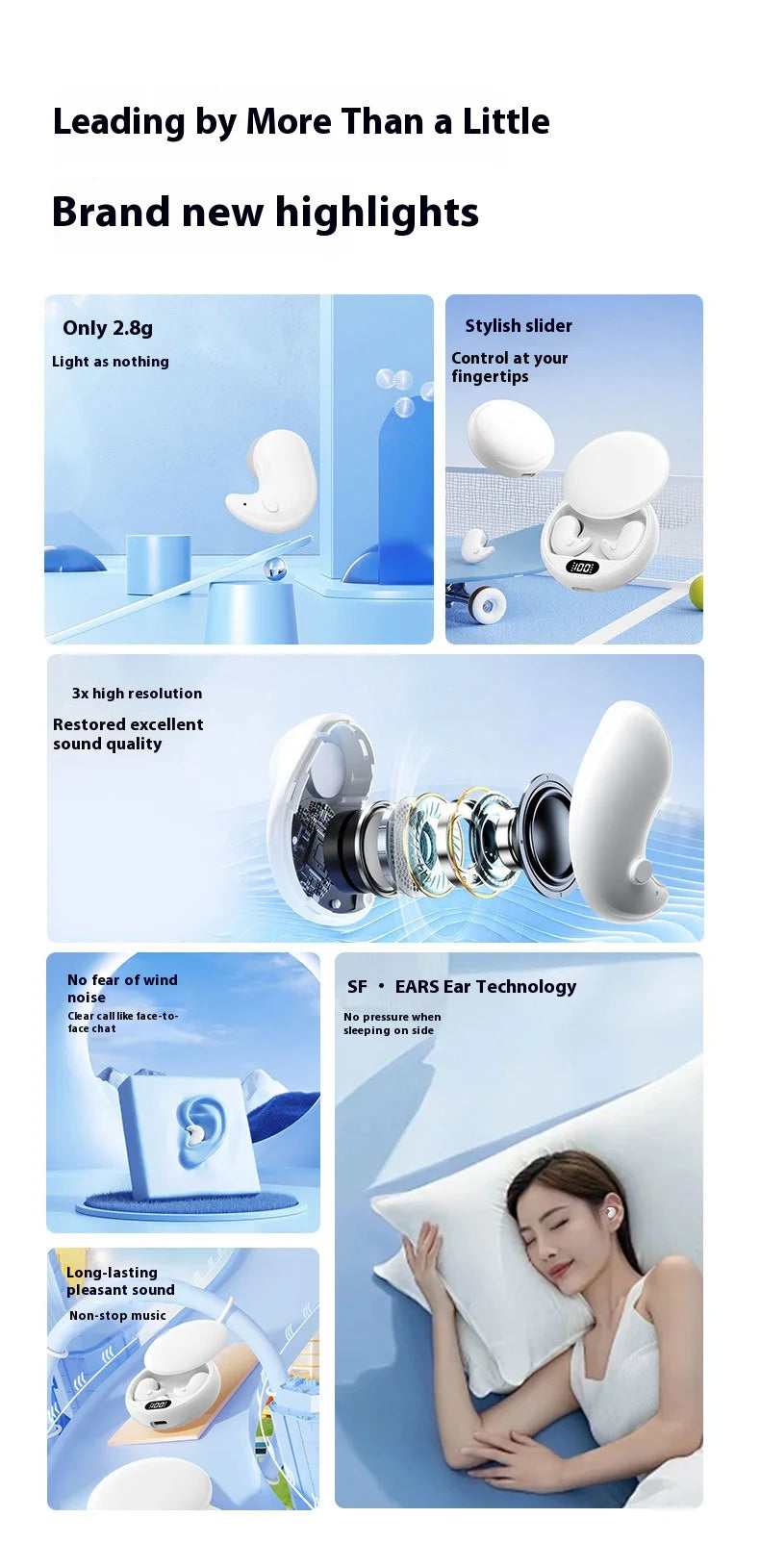 Lenovo Bluetooth Wireless Earphones Small Earbuds Sleeping Sport Invisible Headphones Bass Sound Quality Headset Sliding Cover