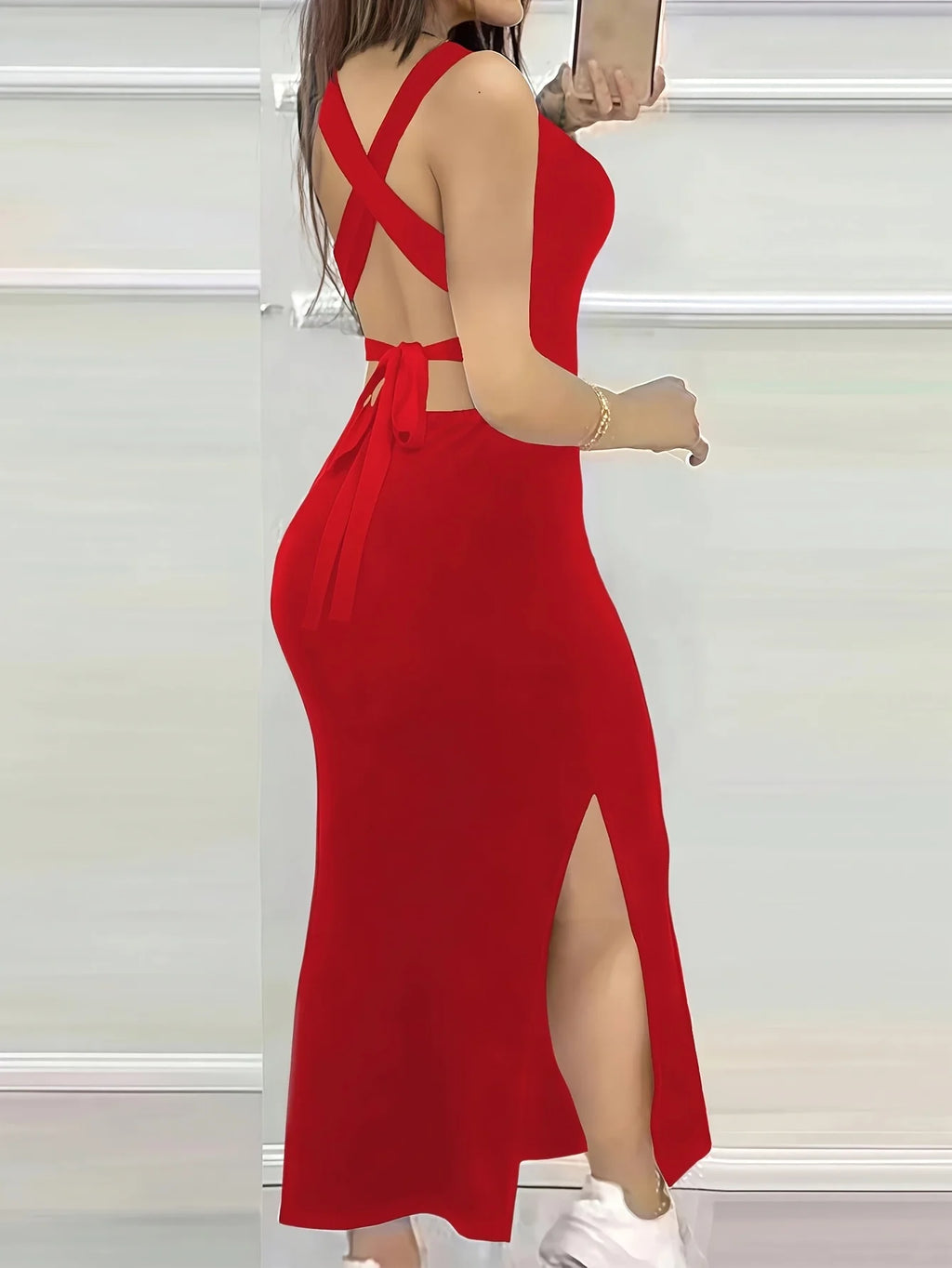Women's Summer Solid Color Backless Cross-Strap Sexy Dress
