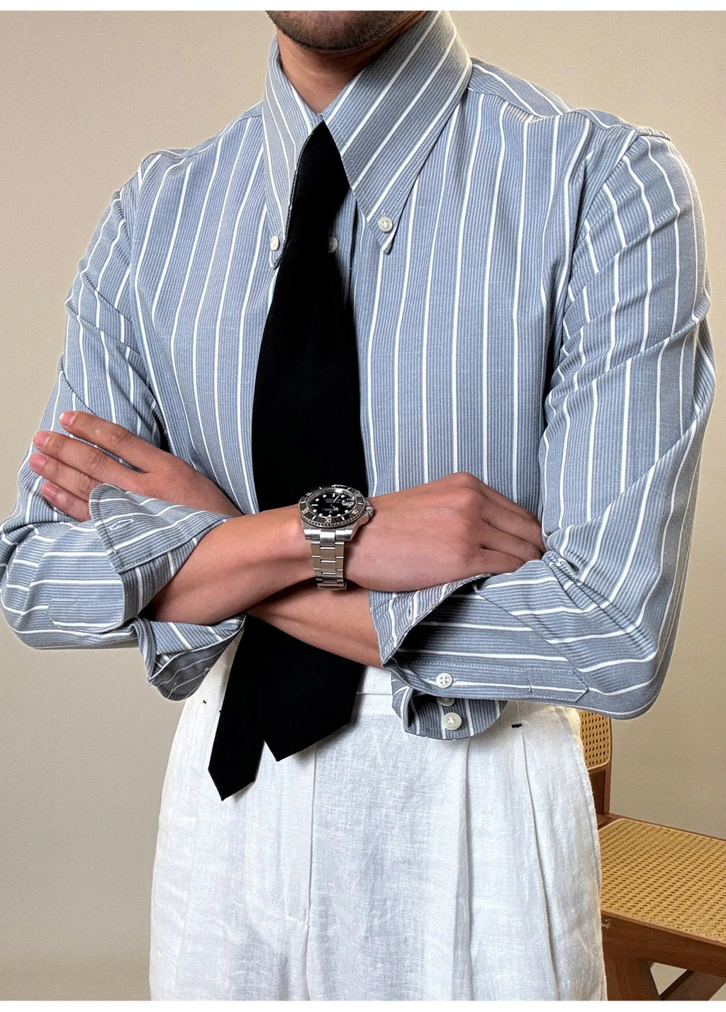 Anti-wrinkle Tianshan Cotton Italian Long Point Collar White Striped Shirt Men's Long Sleeve Casual Business Shirt