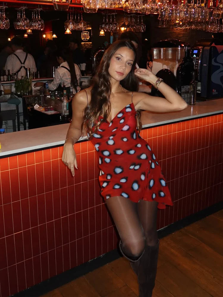 Red Polka Dot Print Draped Neckline Mini Dresses Women's Waist Cinching Split Short Sling Dress 2026 New Chic Party holiday Robe