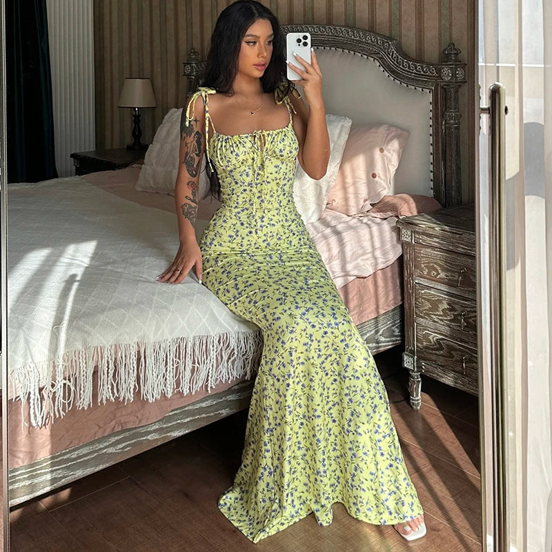 Hugcitar Floral Print Sleeveless Backless Slips Lace Up Maxi Dress Sexy Bodycon Summer Elegant Outfits Holiday Party Wholesale