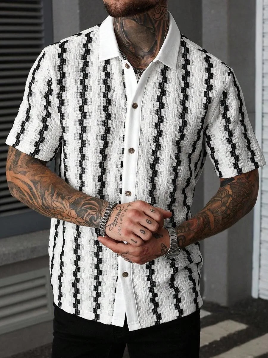 Classic Plaid Striped Knitted Shirt Men Summer Short Sleeve Button Down Turn-down Collar Vintage Slim Fit Knit Cardigan Tops