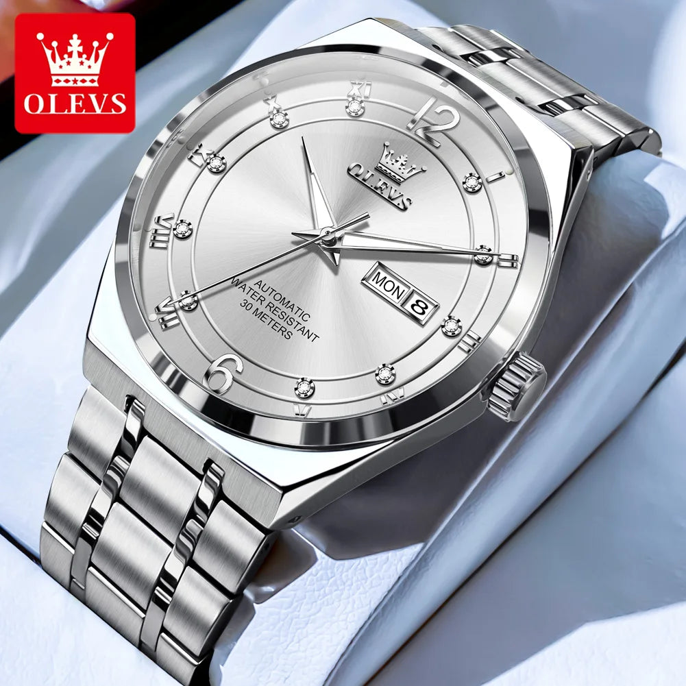 OLEVS 7068 Mens Watch Original Automatic Menchanical Wristwatch Waterproof Luminous For Men Sport Date Dual Calendar Design