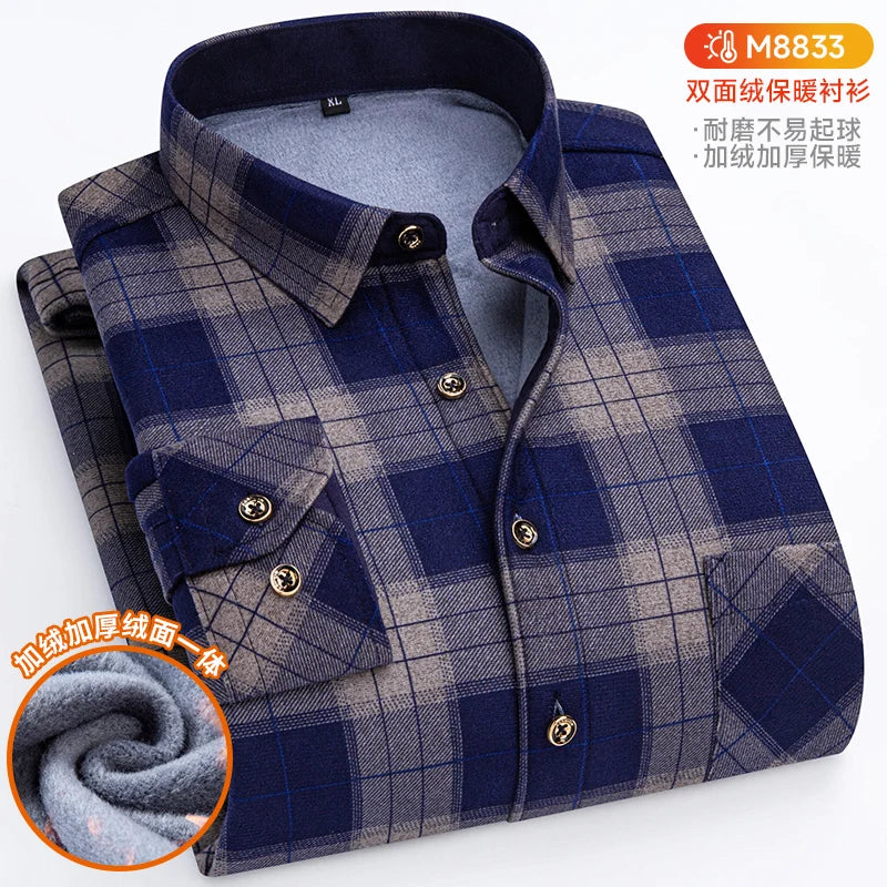 Winter Warm Shirts For Men Regular Fit Thicker Velvet Top Blouse Asia Plus Size Big Plaid Casual Clothing Long Sleeves Shirts