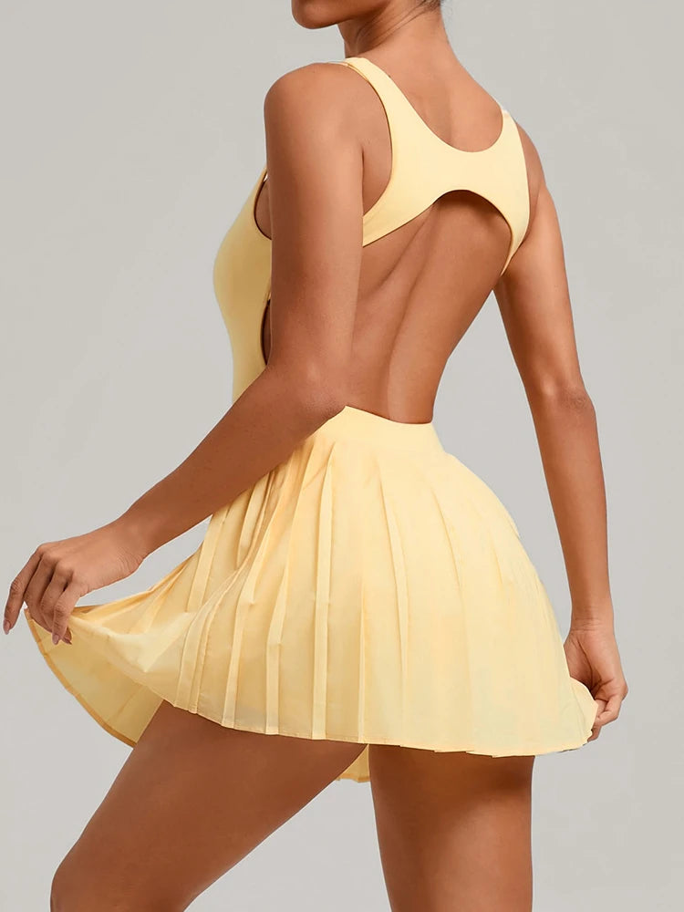 VITALINOVO Workout Tennis Dress with Built in Shorts Square Neck Padded Workout Dress with Pockets Golf Athletic Mini Dresses