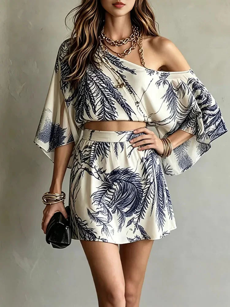 ROSAVA Women Fashion Leaf Print Bohemian Vacation Outfit Sexy Skew Collar Hollow Top A Line Skirt Suit Spring Flare Sleeve Loose