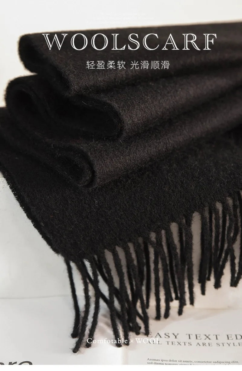 High Quality 100% Wool Muffler Classic Simple Solid Men Women Scarf Fall Winter Thick Casual Shawl Male Female Tassel Scarves