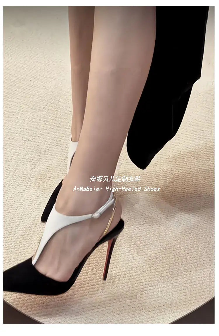 T-Shaped Socialite Black Gold Color Blocked Sexy Toe Sandals with Thin Heels and Pointed Toes, Autumn and Winter New High Heels