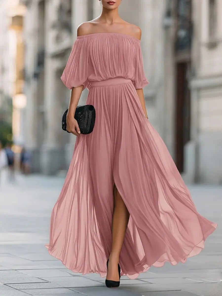 Elegant Women's Long Dress Off-the-shoulder Chiffon Evening Dress Sexy Ruched Slit Flowing Skirt Fashionable Party Holiday Dress