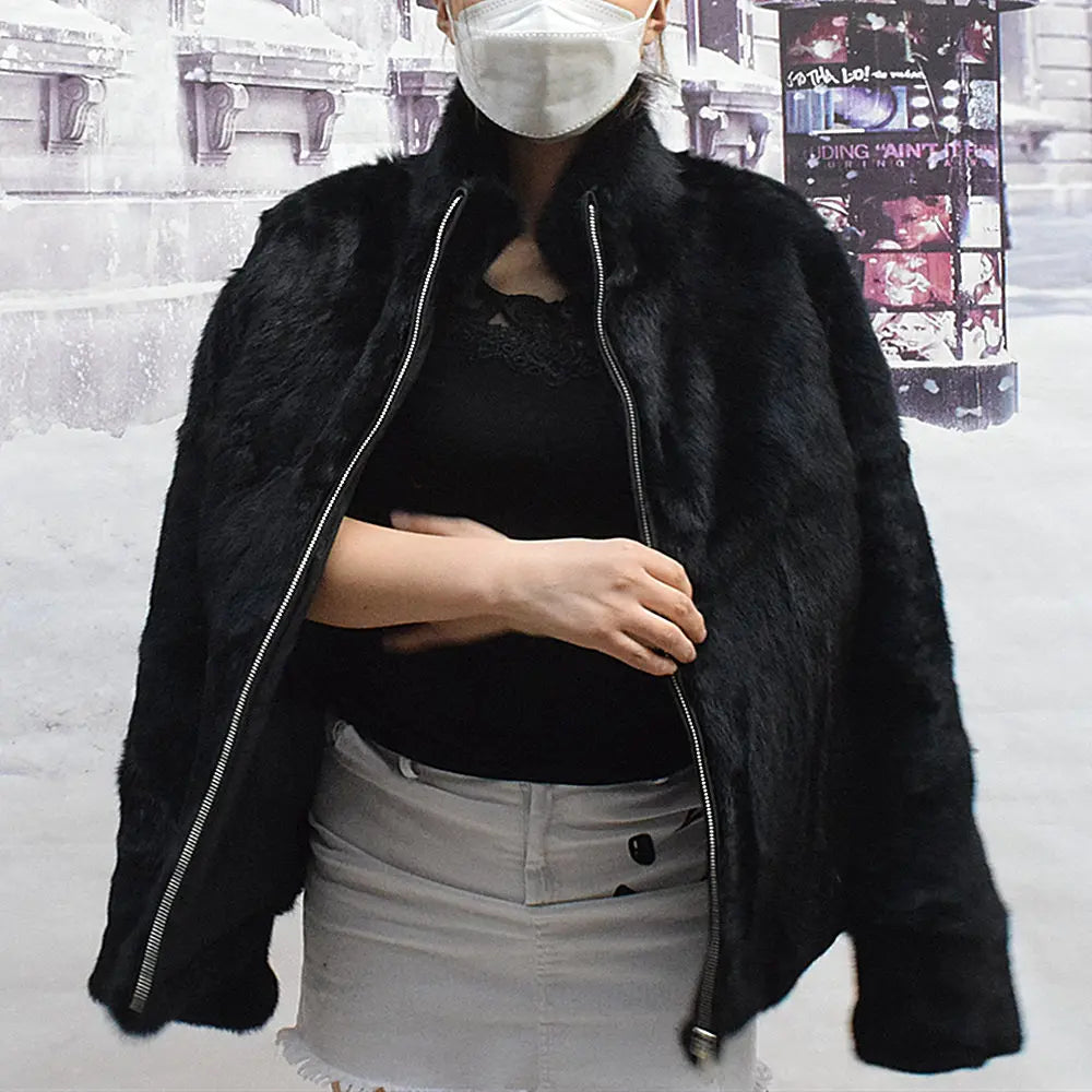 Natural Rabbit Fur Coat Women Winter Jacket Real Leather And Fur Bolero Women's Clothing Female Outerwears With 2025 Black Cold