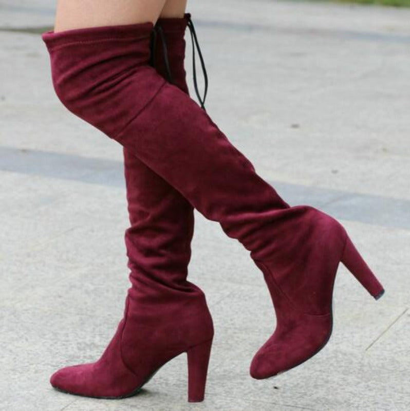 Brand Thigh High Botines Mujer Plush Fur Shoes Winter Stovepipe Stretch Over Knee Long Boots Women Lace-up Velvet Knight Bottes
