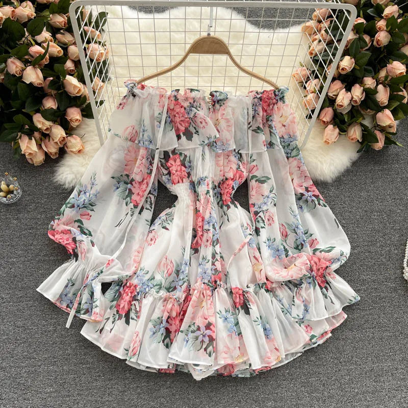 2025 New Retro Summer Beach Vacation Dress Women Sexy Strapless Lantern Sleeve Sweet Floral Jumpsuit Short Chiffon Print Dresses
