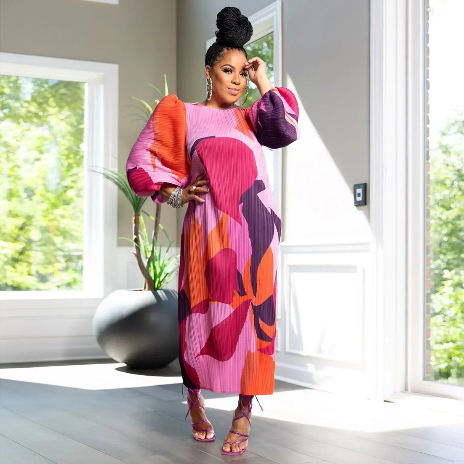 Elegant Women Pleated Half Lantern Sleeve O-neck Slim Maxi Long Dress Print Fashion Autumn 2025 Ruched Dresses Vestidos