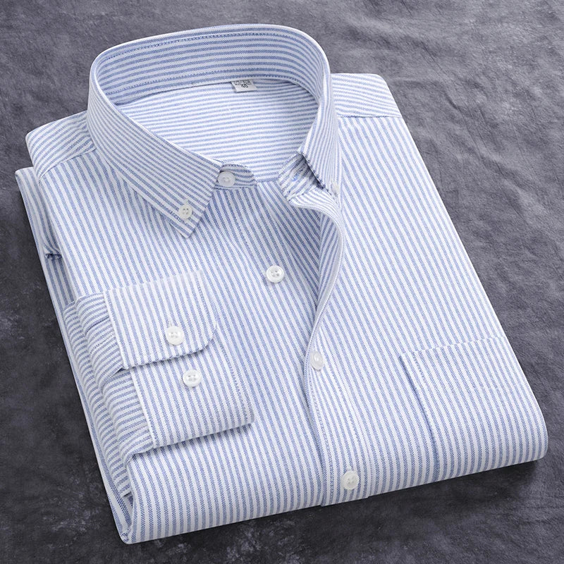 Newly Design Shirts For Men Spring Fall Long Sleeve Solid Color Oxford 100% Cotton Smart Casual Business Stripe Plaid White 5XL