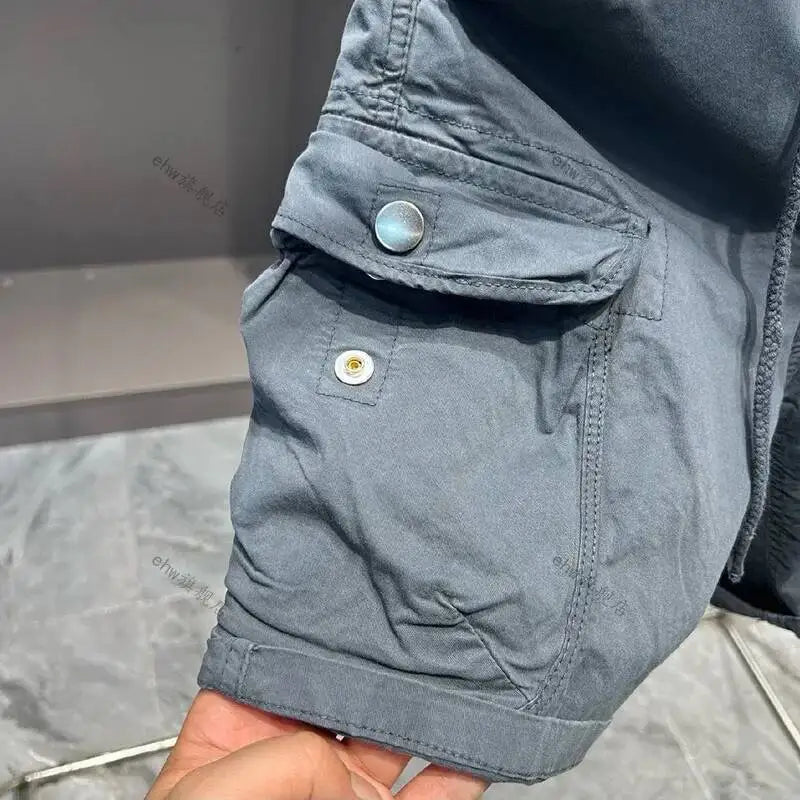 Summer Men's Drawstring Elastic Waist Cargo Shorts Casual Multi-Pocket Loose Elastic Cotton Five-Point Mid-Length Short Pants