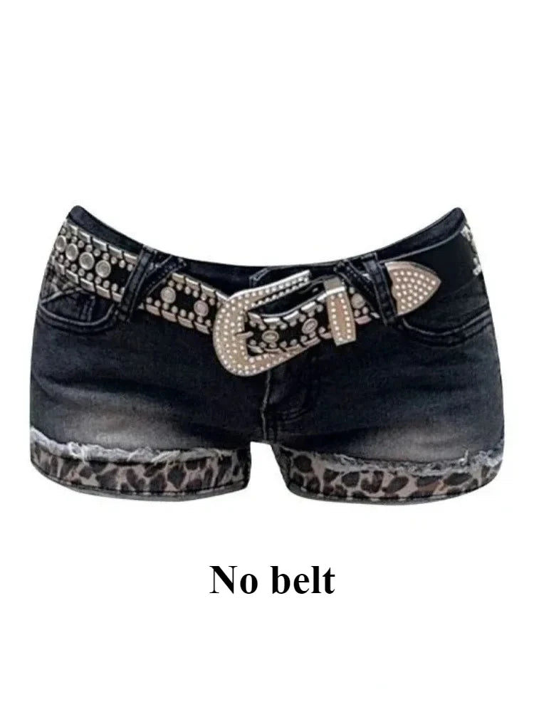 Vintage Streetwear Style Washed Retro Leopard Print Shorts 2025 Sumemr New Denim Shorts Women Y2k Sexy Slim Fit Bodycon Jean