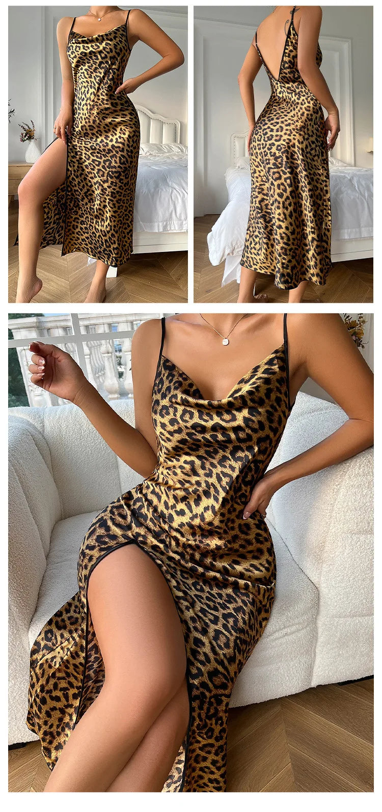 Ice Silk Slip Dress Summer Thin Breathable Silk Like Sexy Leopard Print Women's Backless Split Sling Nightdress