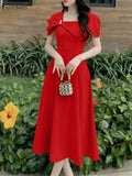 ZANZEA Elegant Chic Women A-Line Dresses Summer Fashion Square Neck Short Sleeve High Waisted Midi Robes Femme Office Vestidos