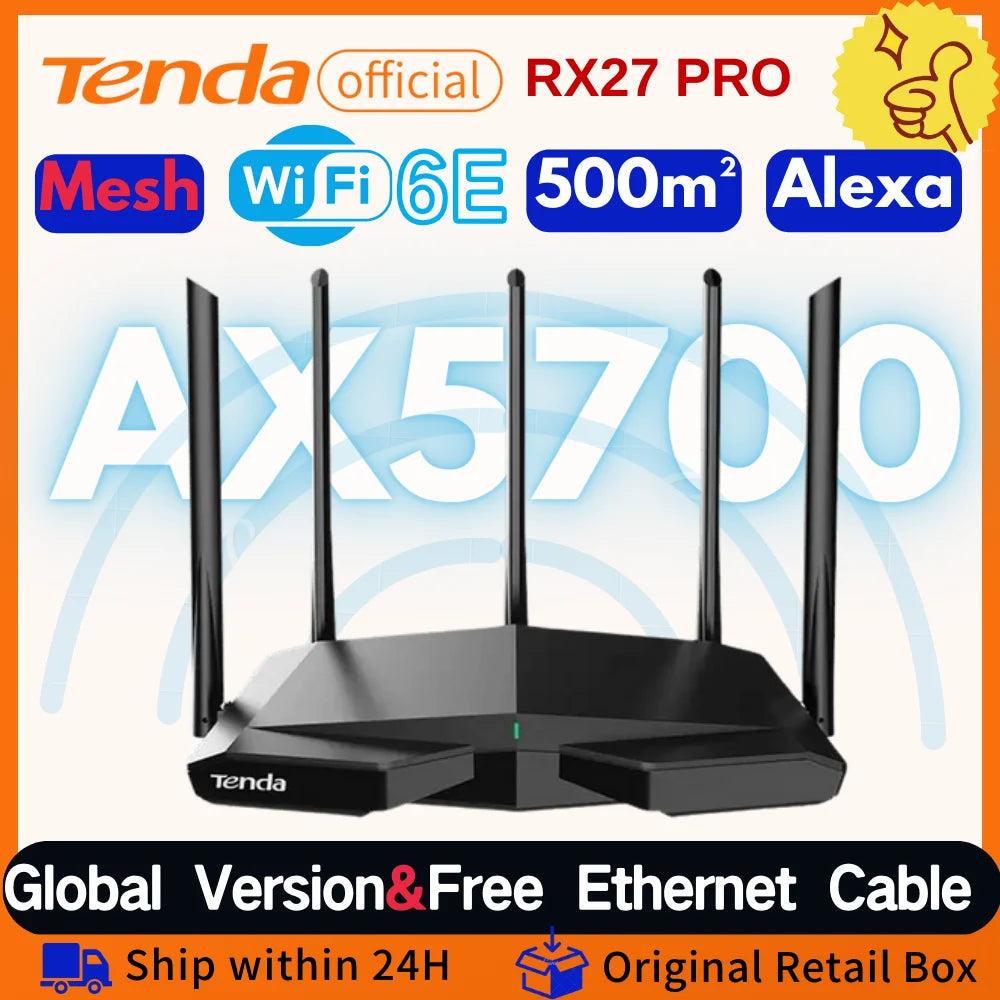 Tenda WiFi6 Router AX5700 2.4G&5G&6Ghz Full Gigabit Wi-Fi 6E Router 1.7Ghz CPU MU-MIMO Mesh Repeater AX3000 Wifi Router Amplifie