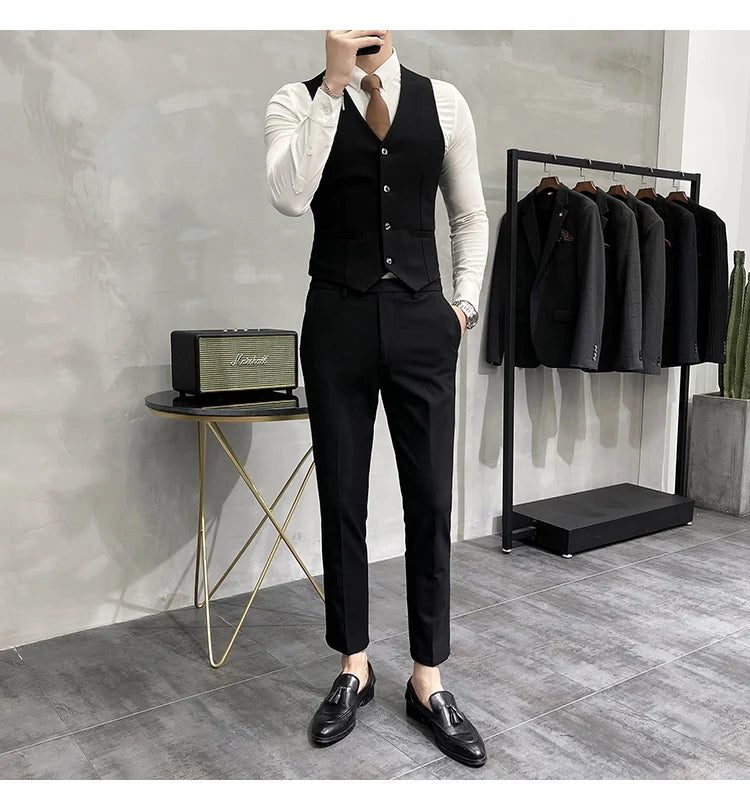 Blazer Vest Pants Men's Navy Blue Suit Set Slim Fit Blazer Vest Pants Formal Outfit for Business Wedding Office Groom Party