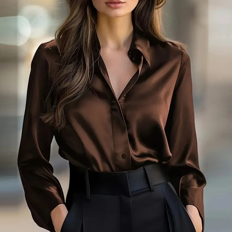Fashion Women Long Sleeve Silk Shirt Black Turn Down Collar Button Blouse Women Office Tops Mesh See Through Sleeve Satin Shirt