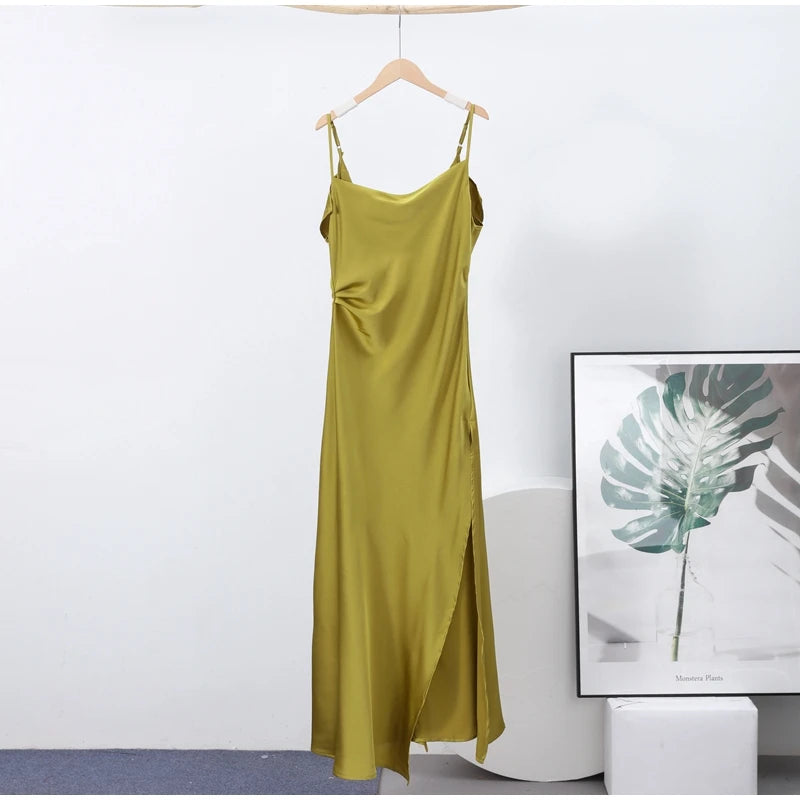 Backless Women Dress Satin Spaghetti Strap Maxi Dresses Back Tail Cowl Drape Front Neck Side Split Hem Elegant Evening Bodycon