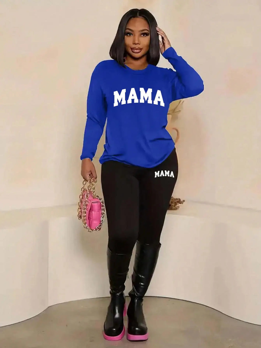 2026 Women's Casual Two Piece Set round Neck Long Sleeve Top Solid Color Printed Leg Tight Pants Outfit