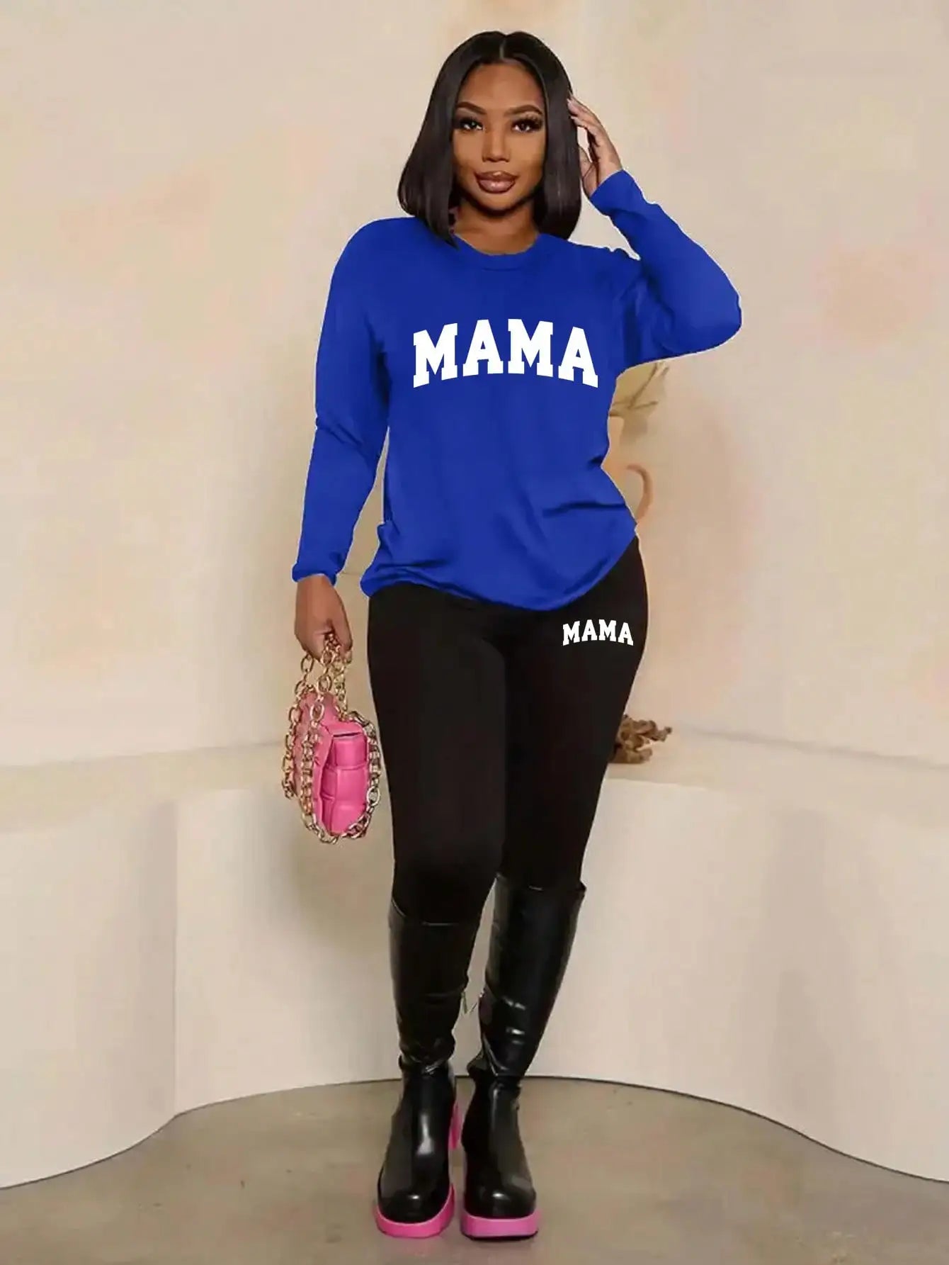 2026 Women's Casual Two Piece Set round Neck Long Sleeve Top Solid Color Printed Leg Tight Pants Outfit