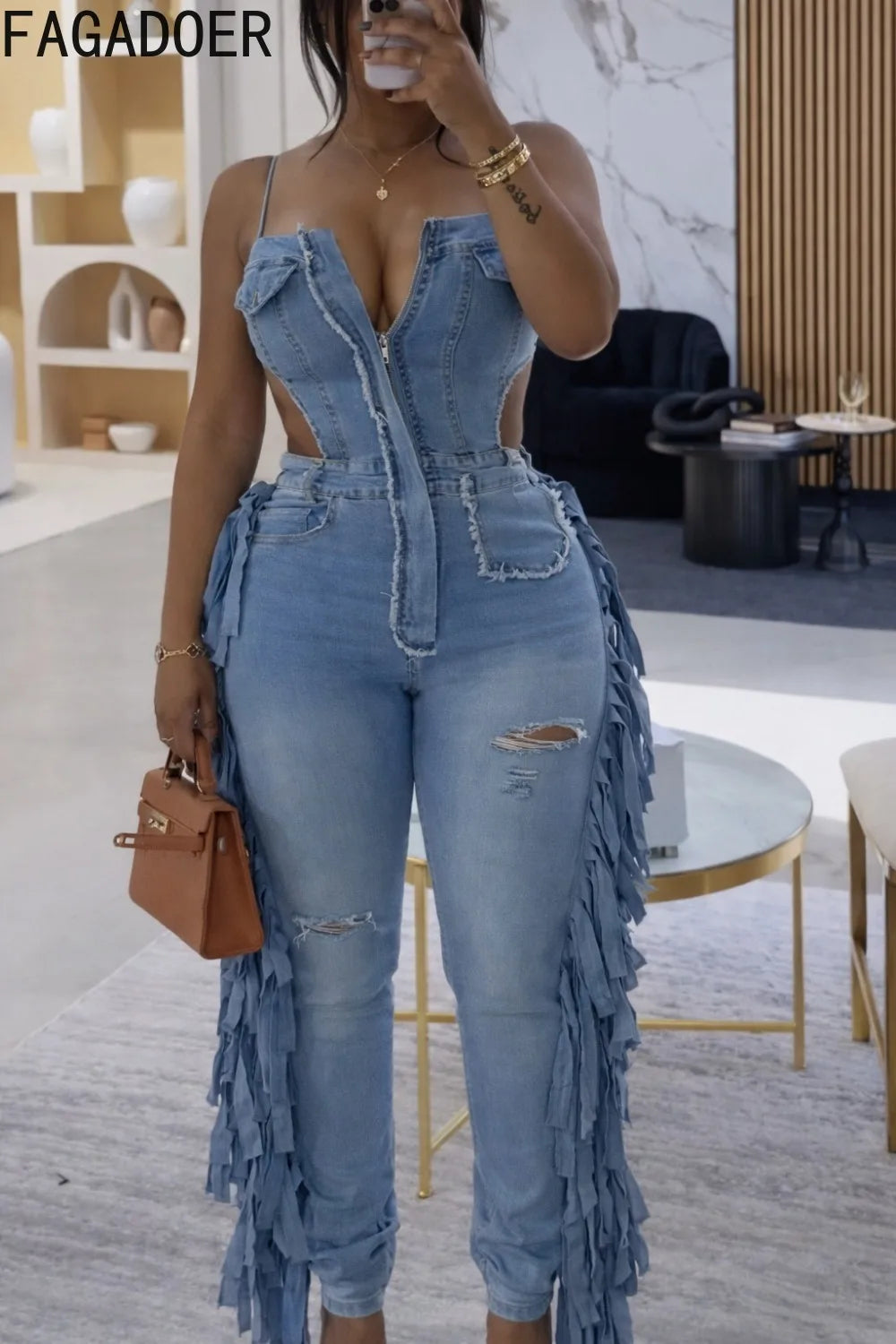 FAGADOER Fashion Hollow-out Bodycon Denim Jumpsuit Women Spaghetti Strap Tassel Patchwork Rompers Female Streetwear Overalls New