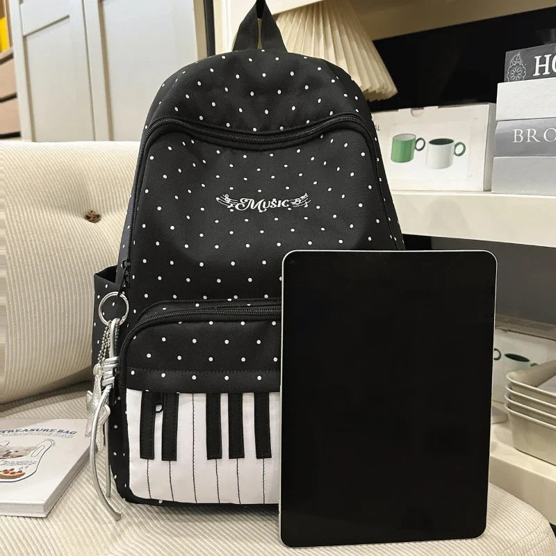 Polka Dot Piano Keyboard Backpack Back-to-school Girl Music Theme Embroidered Nylon Backpack Large Capacity Lightweight Backpack