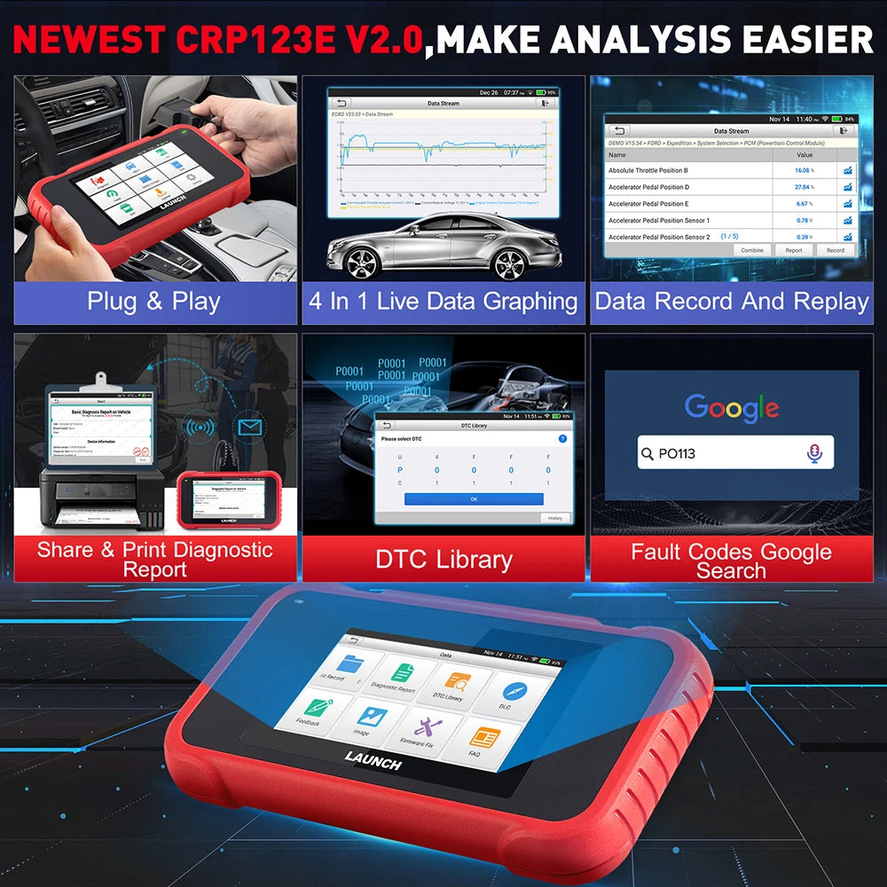 [Lifetime Free Update] 2026 LAUNCH X431 CRP123E V3.0 Car Diagnostic Tools ABS SRS AT ENG OBD2 Scanner Full OBD2 Functions