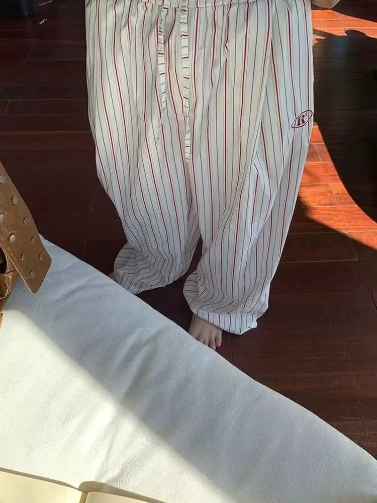 Classic Women Summer Vertical Striped Wide Leg Pants Elastic Drawstring High Waist Mini Embroidery Logo Loose Casual Trousers