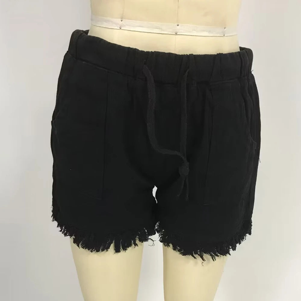 Women’s Denim Shorts Drawstring Elastic Waist Frayed Hem Short Pants Summer Casual Vintage Hottie Girls Loose Jeans with Pockets