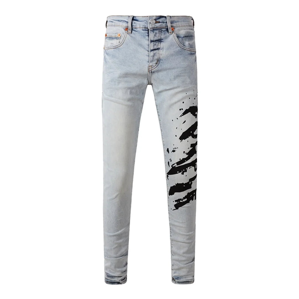High Street American Distressed Men's Jeans Fashion Brand Coated Blank Stretch Skinny Button Fly Ripped Pants Trousers