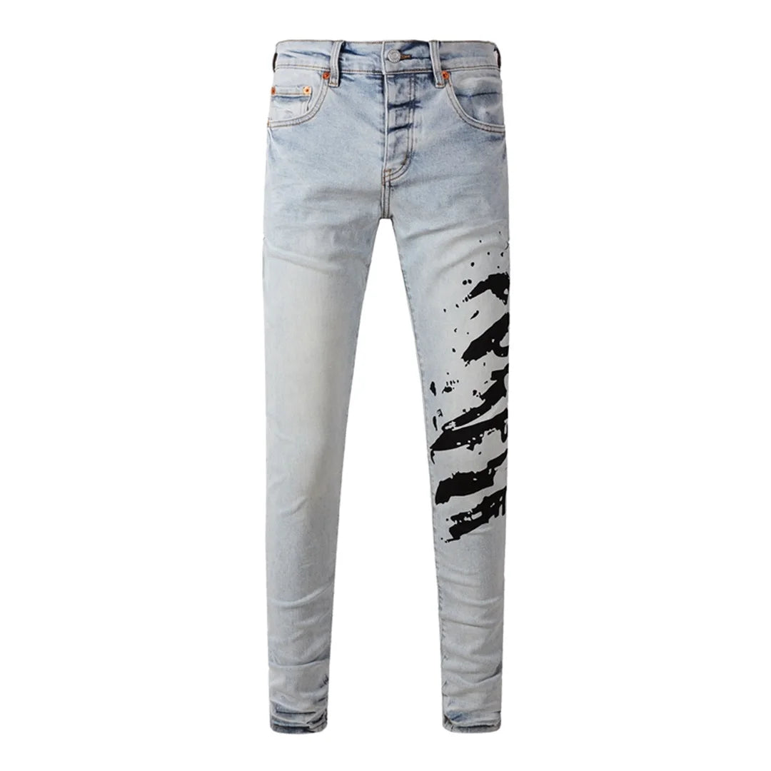 High Street American Distressed Men's Jeans Fashion Brand Coated Blank Stretch Skinny Button Fly Ripped Pants Trousers